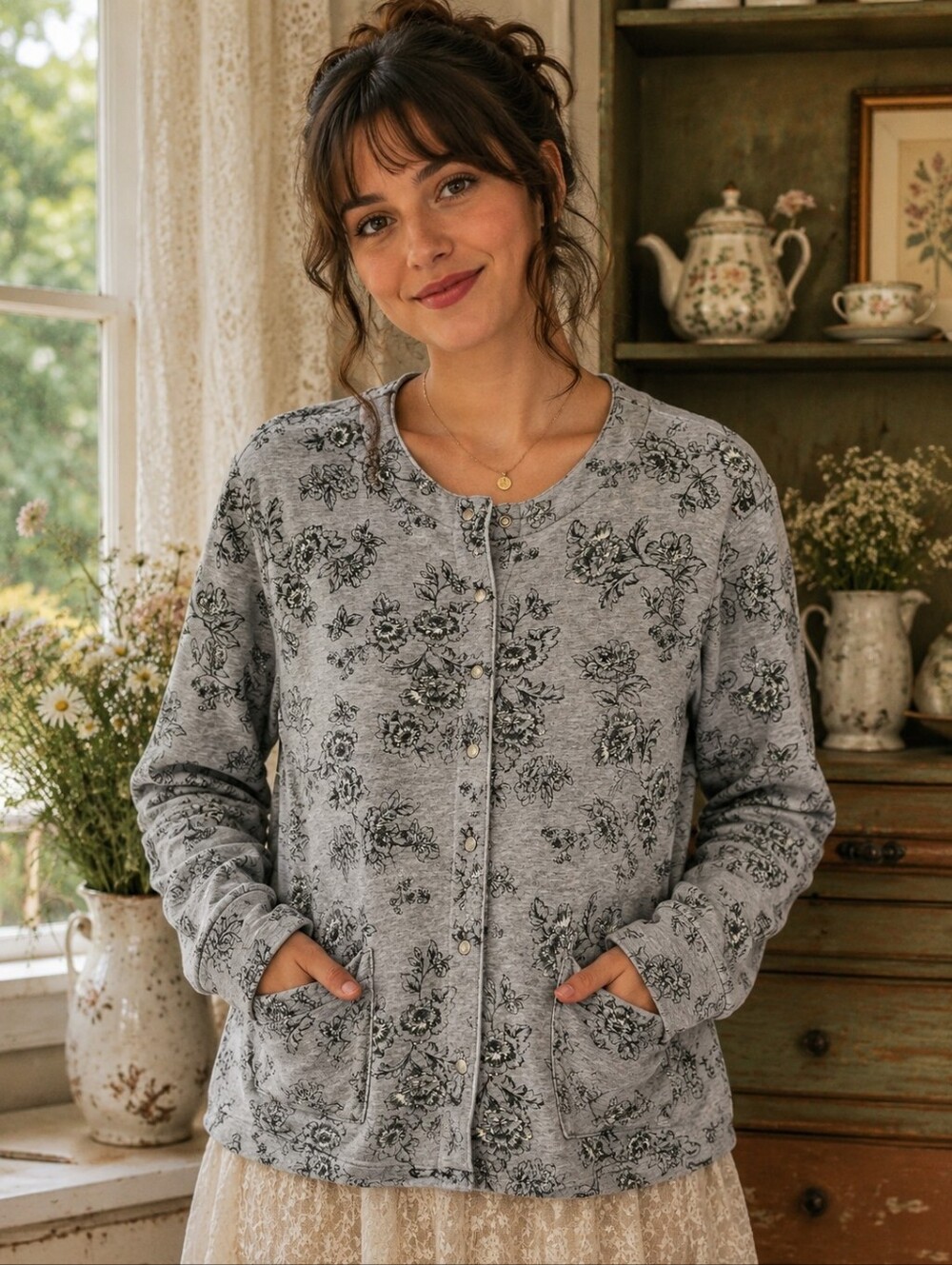 Classic Elements Womens L Floral Snap Cardigan Gray Cottagecore Grandmacore Boho